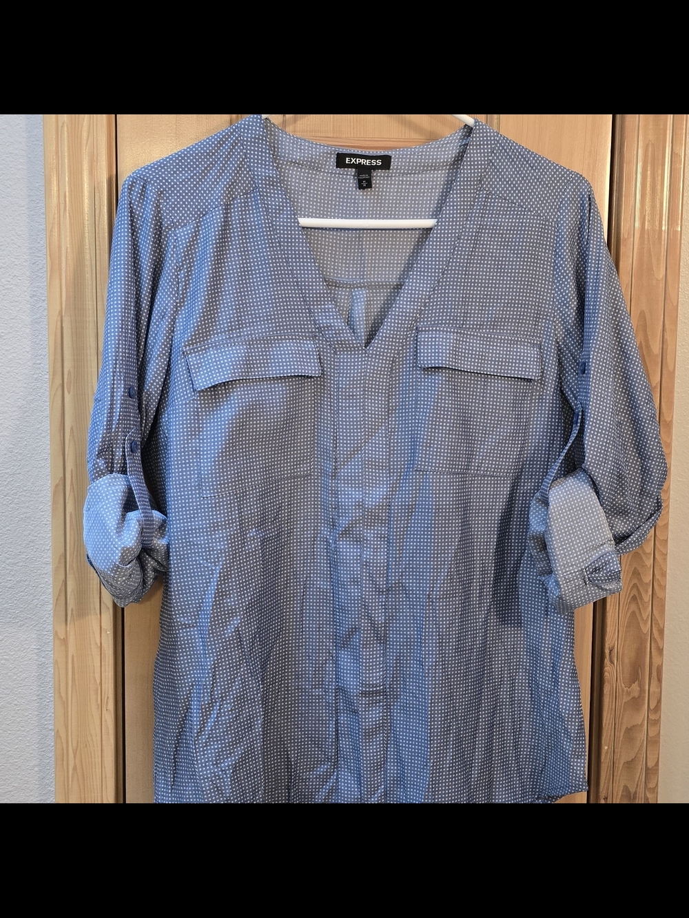 EXPRESS Top M Blue/White Dot V-Neck Women's Long Sleeves Tab